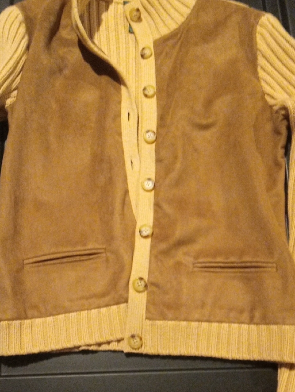 Ralph Lauren Brown Suede-Front Cardigan with Cream Ribbed Sleeves - Picture 3 of 5